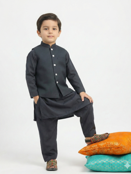 Home boys charcoal grey kurta shalwar & waistcoat set festive ethnic wear for kids