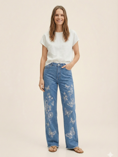 women's high waist wide leg denim jeans with white butterfly & floral embroidery medium wash