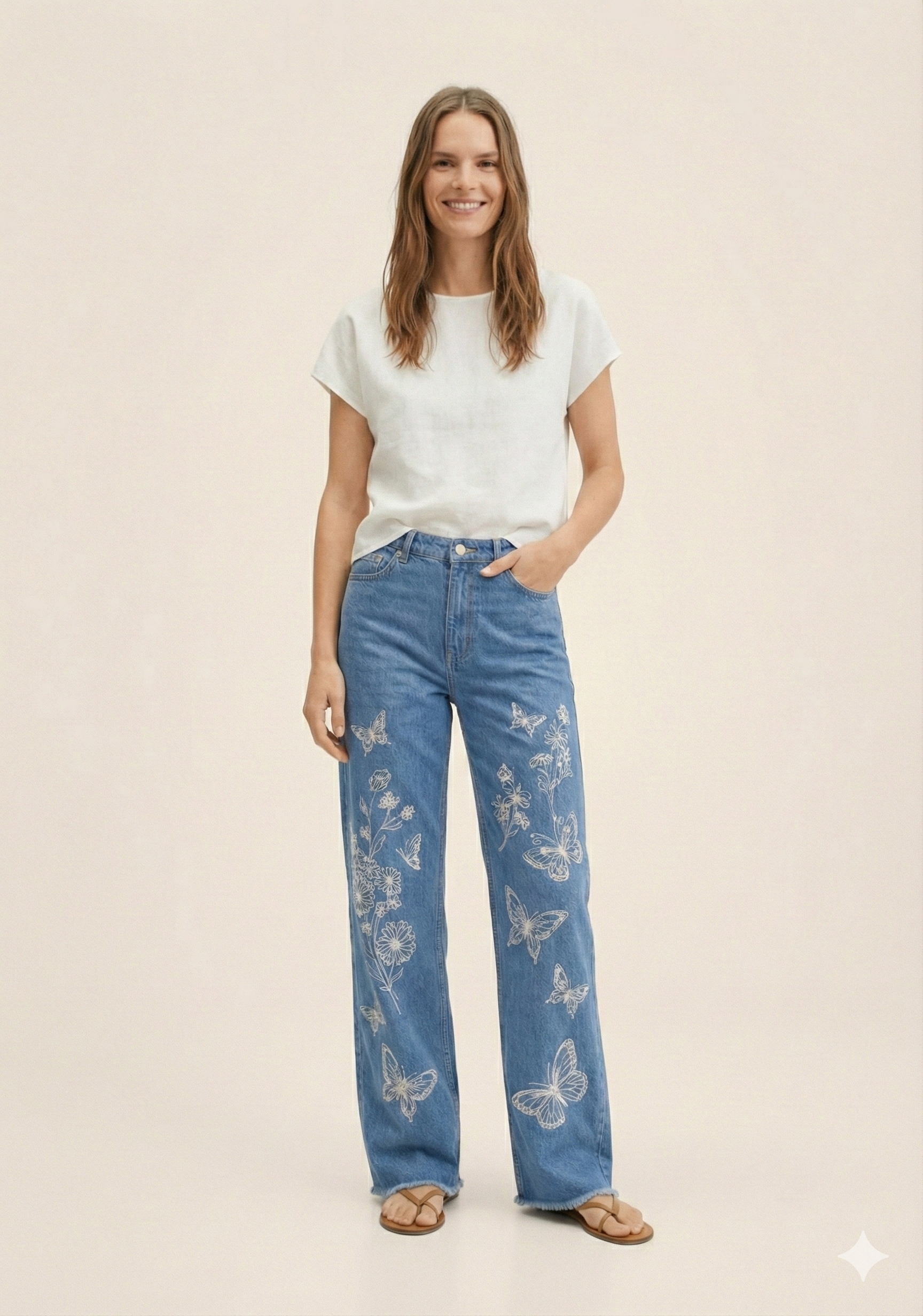 women's high waist wide leg denim jeans with white butterfly & floral embroidery medium wash women's high waist wide leg denim jeans with white butterfly & floral embroidery medium wash