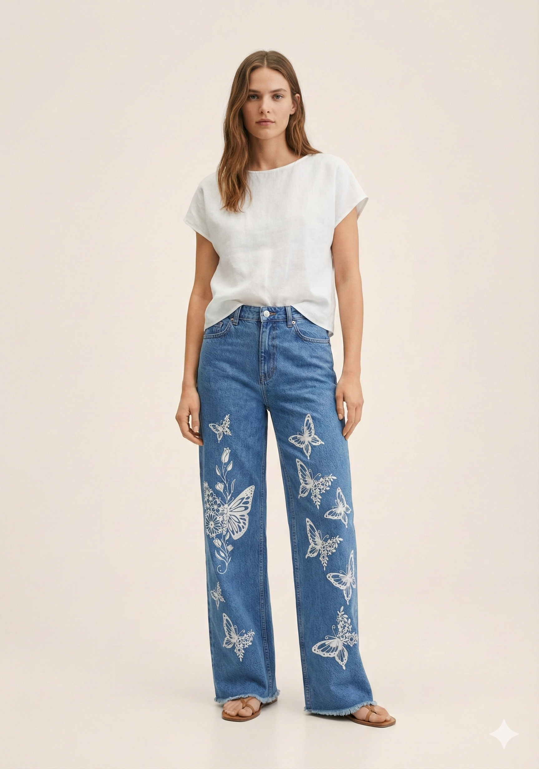 Home women's high waist wide leg denim jeans with white butterfly & floral embroidery medium wash