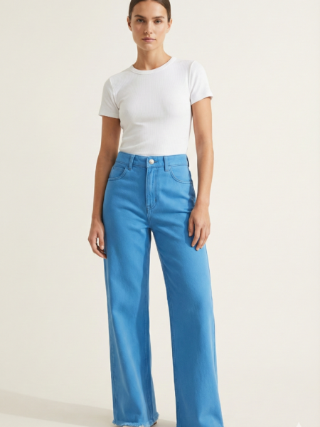 Home women's high waist wide leg denim jeans with white butterfly & floral embroidery medium wash