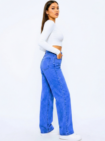 Home women's high waist wide leg denim jeans with white butterfly & floral embroidery medium wash