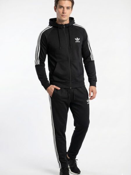 men's adidas black 3 stripes full zip tracksuit hooded jacket & joggers set