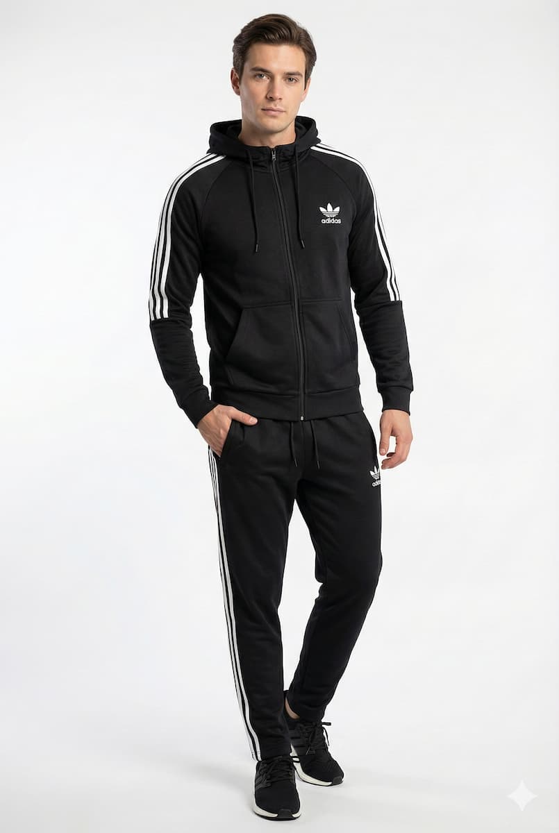 men's adidas black 3 stripes full zip tracksuit hooded jacket & joggers set men's adidas black 3 stripes full zip tracksuit hooded jacket & joggers set