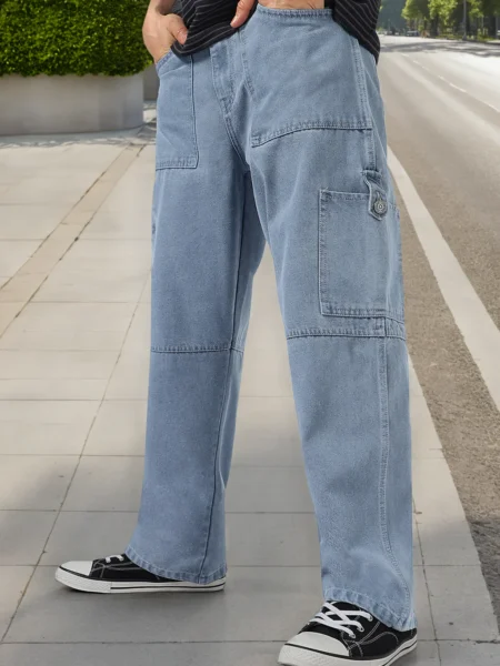 Home men's light grey loose baggy fit washed cargo jeans with pockets regular price